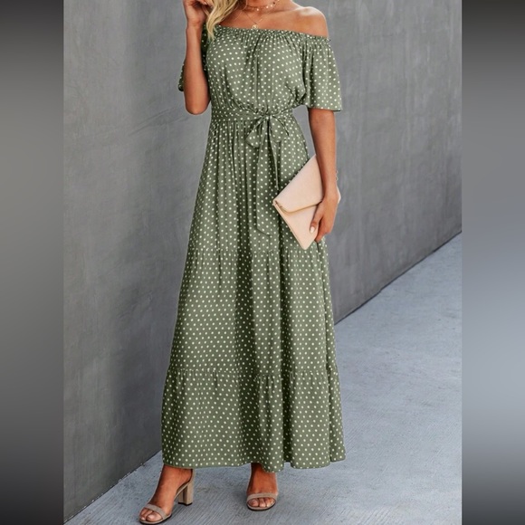 Boho polka dot off shoulder belted maxi dress - Picture 2 of 16